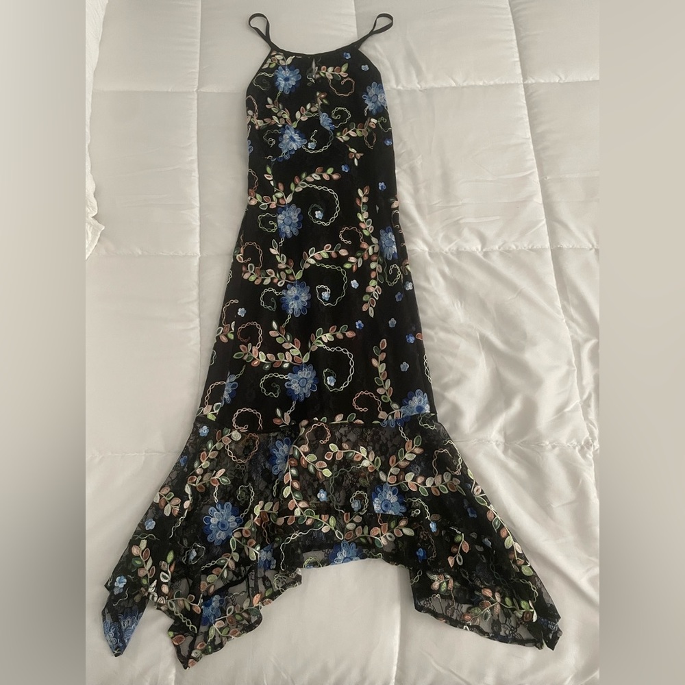Beautiful lace dress in black with shades of blue, green, & brown floral details